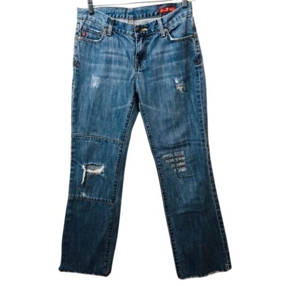 Seven 7 Women's Distressed Jeans Straight Leg Destroyed Denim Blue Size 29 - Picture 1 of 7